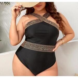 Women's Swimsuit Black and Gold One Piece with Matching Shorts - Size 3XL NWOT